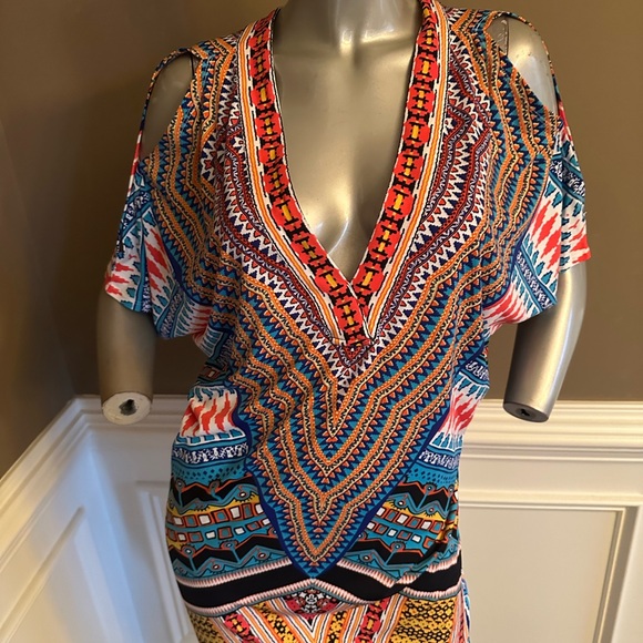 Hale Bob Bohemian Geometric Mini V Neck Dress Sz S - Picture 2 of 5